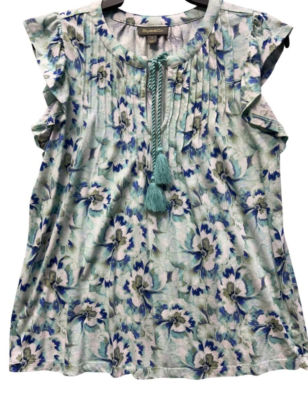 Style & Co Size Small Flutter Pintuck Top With Floral Print Tassel Tie Neck